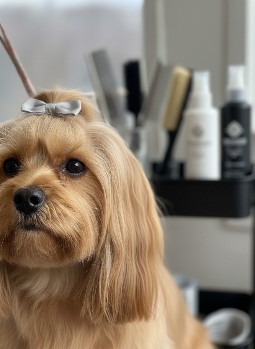 Un primerísimo plano del rostro de un perro pequeño de pelo largo, color miel, recién cepillado, con el manto sedoso perfectamente alineado y un pequeño lazo de tela gris perla sujetando el flequillo. El fondo muestra, desenfocado, un carrito de cuidados con peines metálicos, cepillos de cerdas naturales y sprays acondicionadores de diseño elegante en blanco y negro. Luz lateral suave de ventana, creando un brillo delicado en los ojos y reflejos sutiles en cada hebra de pelo. Composición en vertical, encuadre cercano que llena casi todo el fotograma con el rostro, profundidad de campo muy reducida. Estilo fotográfico de belleza, refinado y minimalista, destacando el acabado de la peluquería canina premium.
