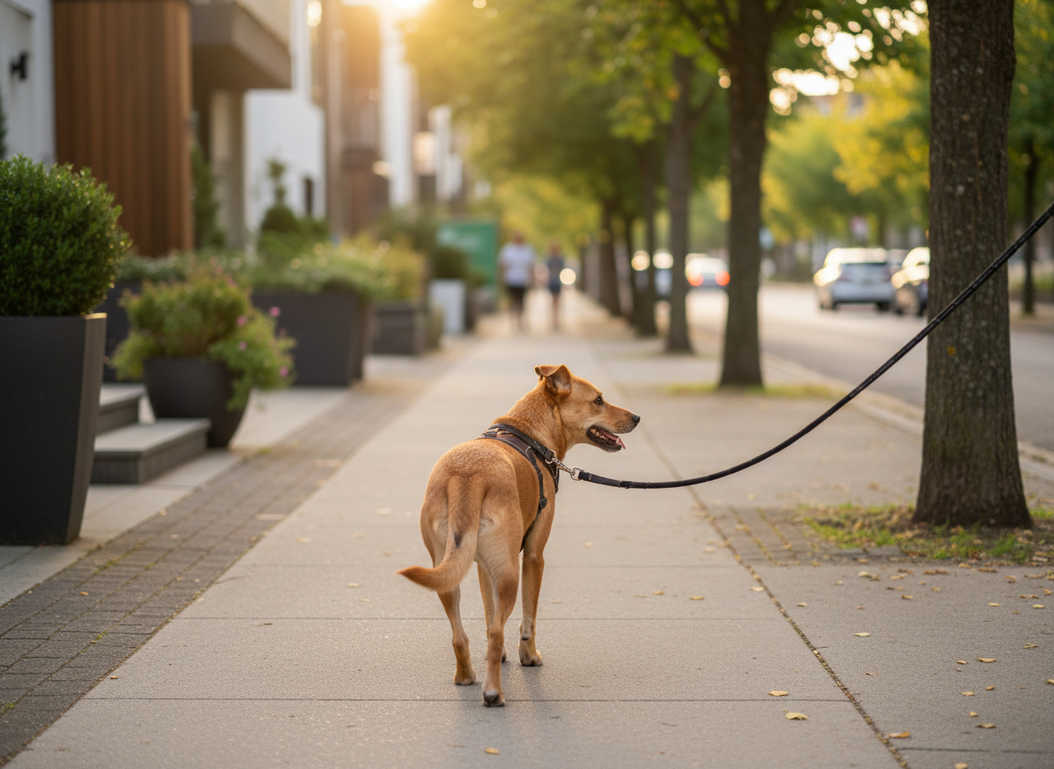 Un perro mestizo de tamaño mediano, de pelaje corto color caramelo, con arnés de cuero oscuro y correa de nylon elegante, caminando relajado por una acera arbolada en un barrio residencial tranquilo. Las hojas verdes proyectan sombras suaves sobre el pavimento gris claro, y se distinguen macetas bien cuidadas frente a portales modernos al fondo, ligeramente desenfocados. La luz de la golden hour baña la escena con un tono cálido y dorado, resaltando el brillo saludable del pelaje. Composición en regla de tercios, perspectiva a la altura del lomo, fotografía realista con estética limpia y urbana, transmitiendo paseos caninos serenos, seguros y orientados al bienestar.