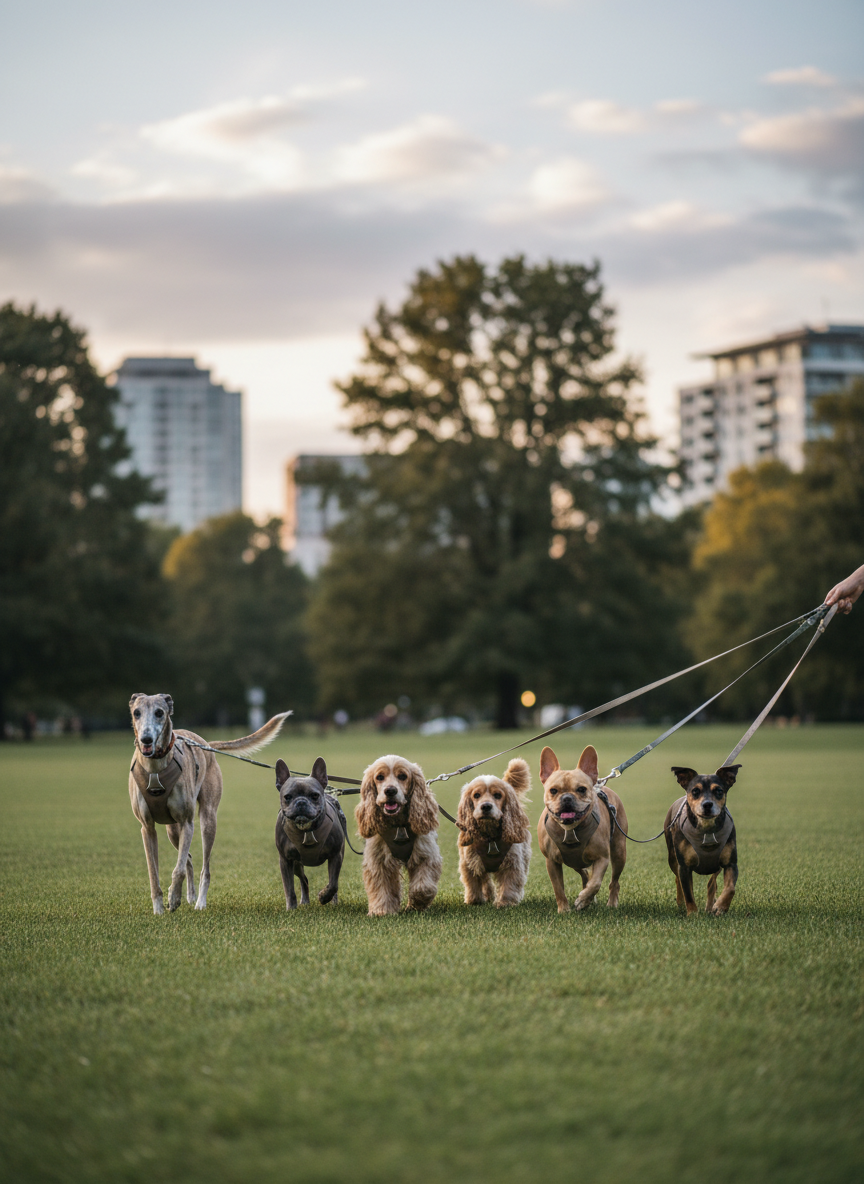 Grupo de perros caminando en parque urbano