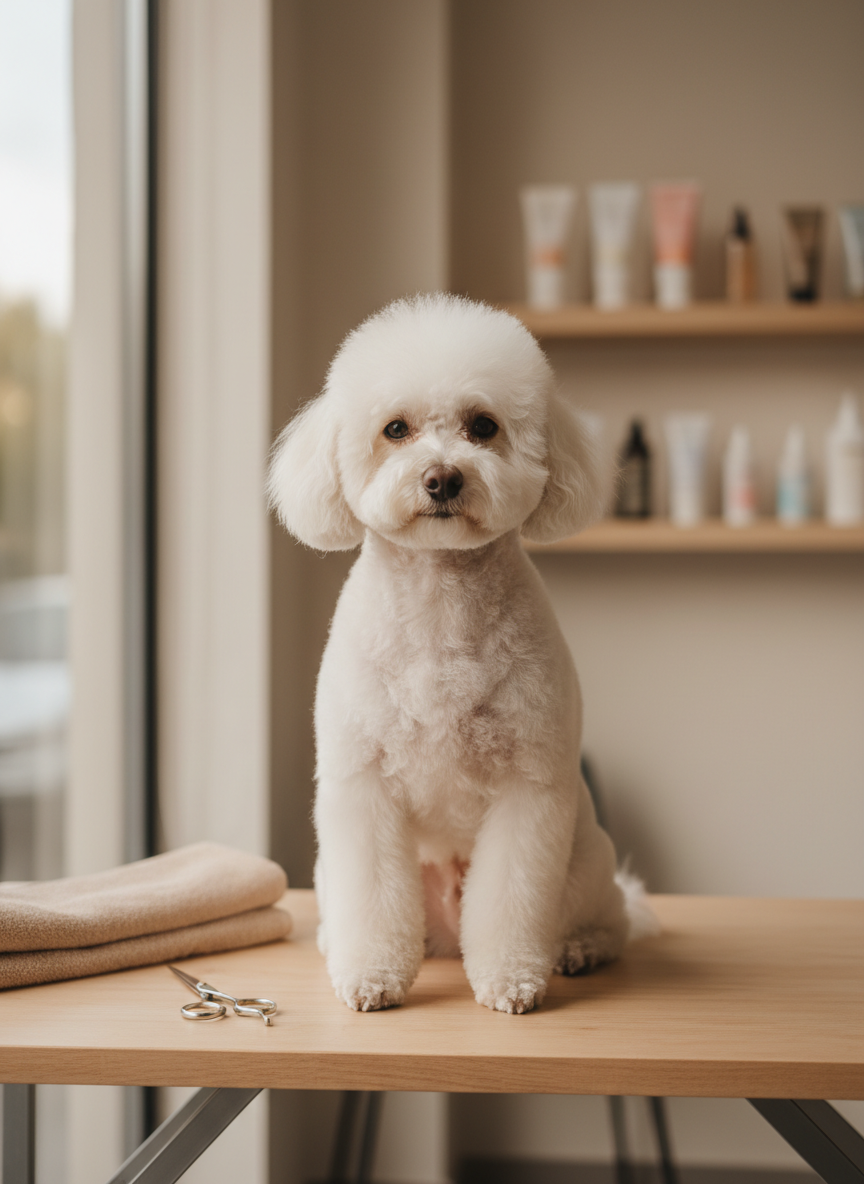Un elegante caniche blanco recién arreglado, con el pelaje esponjoso, simétrico y brillante, sentado sobre una mesa de madera clara impecable, con una toalla beige doblada a un lado y tijeras profesionales de acero pulido cuidadosamente colocadas. Al fondo, un espacio de peluquería canina minimalista, con paredes en tonos crema y estanterías ordenadas con productos de cuidado premium para perro, ligeramente desenfocados. Luz natural suave de tarde entra por una gran ventana lateral, creando reflejos delicados en el pelaje y sutiles sombras. Fotografía a nivel del perro, composición centrada con profundidad de campo reducida, estilo realista, limpio y sofisticado, transmitiendo bienestar, calma y cuidado profesional a domicilio.