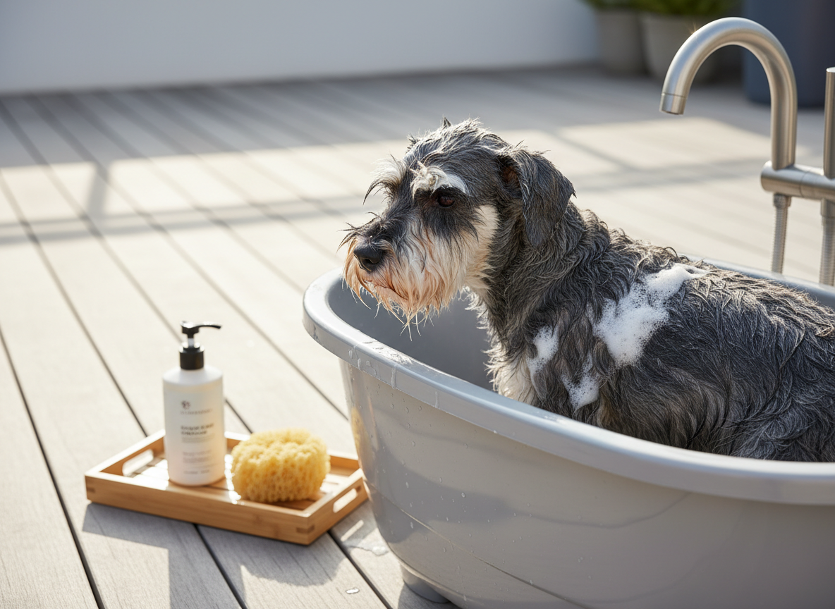 Un schnauzer sal y pimienta en pleno baño, con el pelaje húmedo y brillante cubierto de espuma blanca cremosa, dentro de una bañera portátil gris perla perfectamente limpia, colocada en una terraza amplia con suelo de madera clara. A un lado, un champú premium para perro y una esponja natural ordenados sobre una bandeja de bambú. Luz de mañana clara y difusa entra desde un costado, creando reflejos suaves en las gotas de agua y en el metal cepillado de la grifería. Fotografía en primer plano, profundidad de campo media, estilo fotográfico realista y sofisticado, transmitiendo higiene, cuidado delicado y servicios de peluquería canina a domicilio en un entorno elegante.