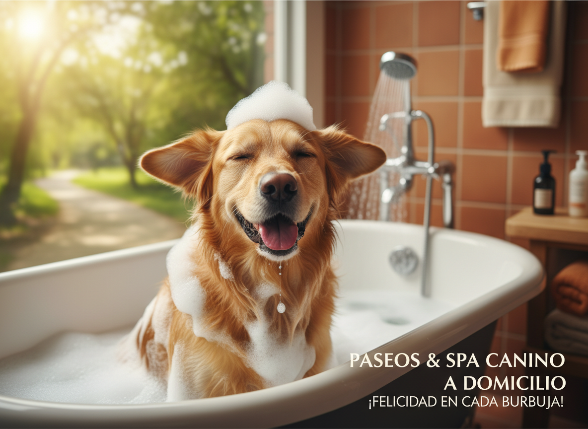 Imagen horizontal de un perro mediano feliz después de un paseo, recibiendo un baño de espuma en una tina, con sensación de paseo más baño. Estilo limpio y profesional para una web de peluquería canina y paseos a domicilio, colores cálidos, fondo suave.