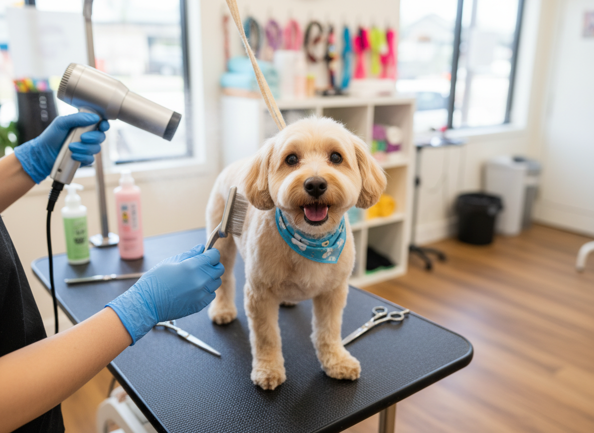 Fotografía realista en formato horizontal de un perrito pequeño y esponjoso en una peluquería canina, sobre la mesa de grooming, recibiendo cuidado, mirando a cámara y viéndose contento, con ambiente limpio y acogedor.