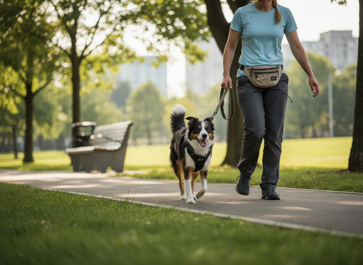 Editar la imagen para que la persona que pasea al border collie se vea claramente como paseador canino profesional: ropa cómoda y neutra apta para paseos, arnés y correa bien colocados, bolsa o riñonera para premios y bolsitas, postura segura y atenta hacia el perro, estilo fotográfico realista en exterior urbano o de parque, luz natural suave, encuadre horizontal centrado en el perro y el paseador de la cintura para abajo.