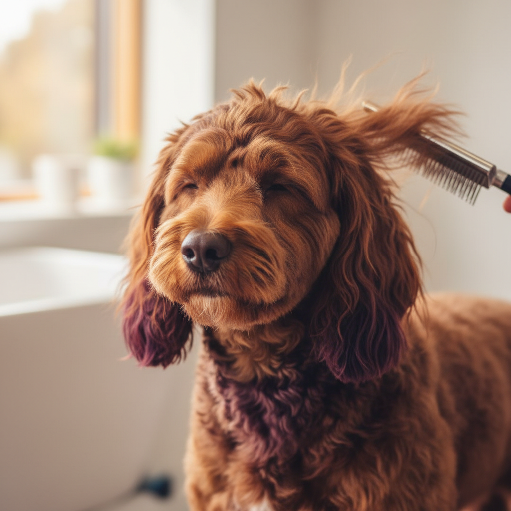 Primer plano fotográfico realista de un perrito de peluquería siendo peinado con un cepillo. El perro es pequeño o mediano, con pelaje en tonalidades cafés o burdeos, se ve relajado y contento. Fondo suave y limpio de peluquería canina, luz natural agradable. Formato cuadrado, composición centrada en el rostro y parte del lomo mientras lo peinan.