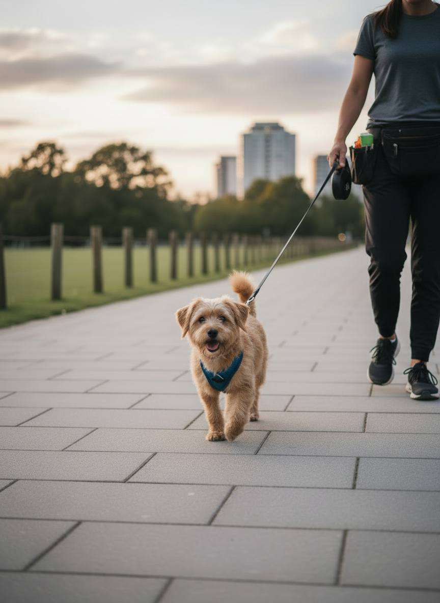 Editar la imagen para que la persona que pasea al perrito se vea claramente como paseador canino profesional: ropa cómoda y neutra apta para paseos (polera lisa, pantalón deportivo o jeans, zapatillas), arnés y correa bien colocados, riñonera o bolsa para premios y bolsitas, postura segura y atenta hacia el perro. Mantener al perrito en primer plano, contento y relajado, caminando con correa en un entorno de parque o vereda urbana limpia, con luz natural suave. Estilo fotográfico realista, coherente con el resto de las fotos de Aura Canina.